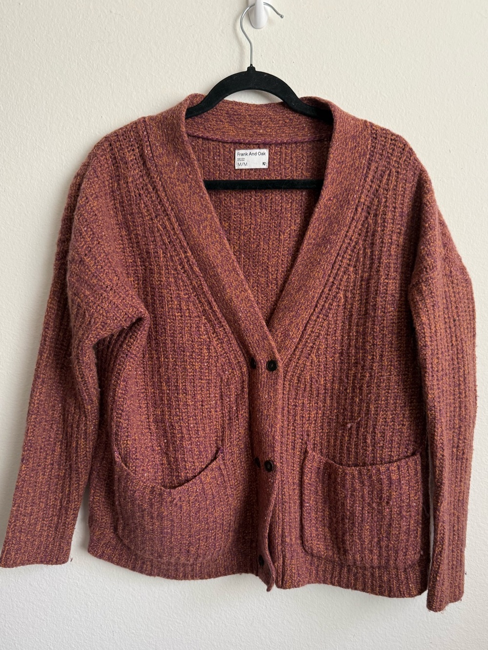 Frank & Oak Lambswool Marled Knit Cardigan Sweater Brown Mauve M